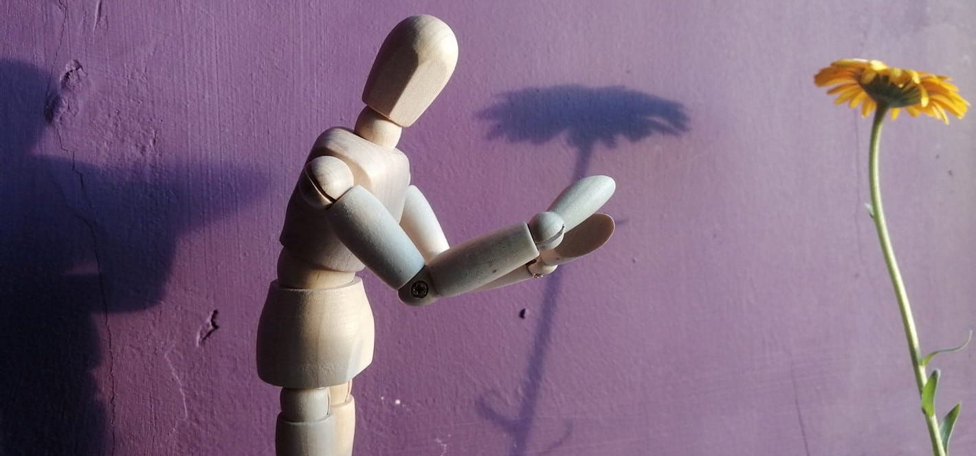 image description: a small wooden artist’s model of a human body leans forward to cradle the shadow of a flower. to the far right, the flower, a yellow calendula, leans in toward him. both stand against a purple wall, with sunlight feeding in from right to left. image description: a small wooden artist’s model of a human body leans forward to cradle the shadow of a flower. to the far right, the flower, a yellow calendula, leans in toward him. both stand against a purple wall, with sunlight feeding in from right to left.