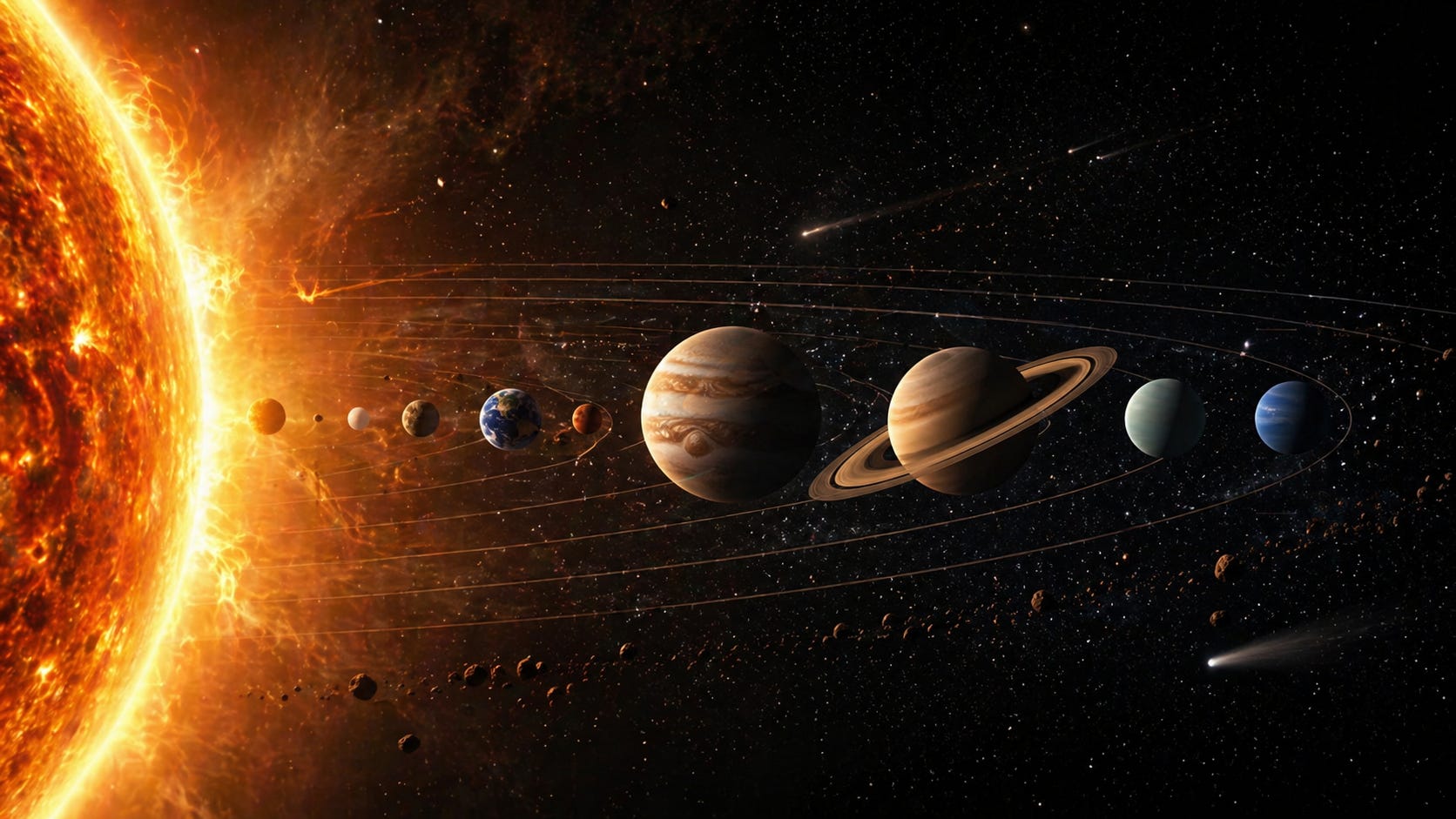 A blazing Sun erupts with raw energy, casting light across a living, breathing solar system where planets move in quiet orbit, reminding us that even in the vastness of space, there is order, motion, and unseen forces holding everything together.