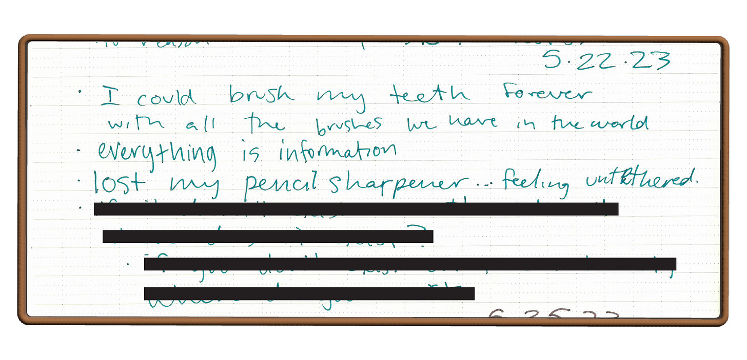 I could brush my teeth forever with all the brushes we have in the world / everything is information / lost my pencil sharpener...feeling untethered
