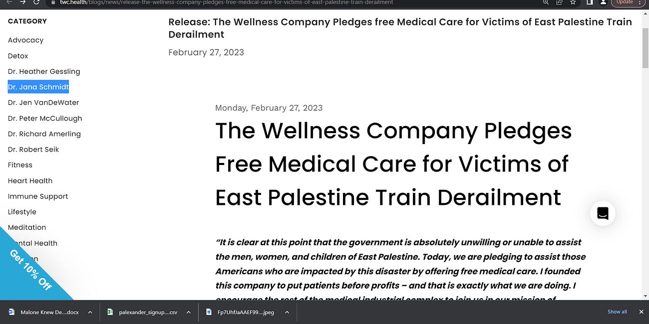 The Wellness Company (TWC) has pledged to offer FREE medical care & support to all Victims of East Palestine Ohio Train Derailment (Mr. Foster Coulson, Chairman, Dr. Paul Alexander, Dr. Harvey Risch,