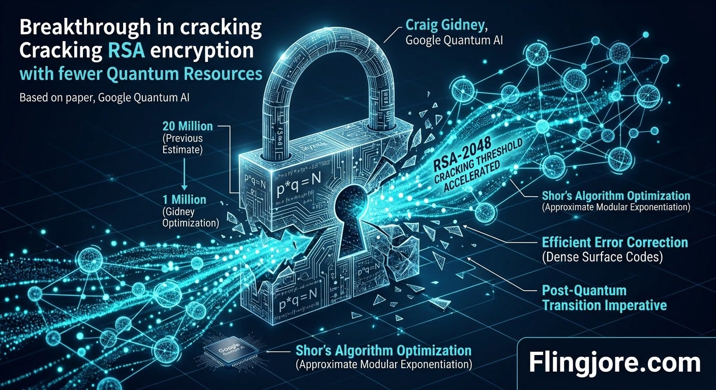 A detailed infographic against a dark digital grid background with a cyan light motif. The central element is a large, intricate, padlock-like lock composed of mathematical formulas, code, and circuit traces, with "p*q=N" etched into it, representing the complexity of RSA factorization. The lock is actively dissolving and shattering on its right side. A powerful, glowing cyan data stream of particles and linked qubit nodes bursts through the breaking point. Above this stream, text states "RSA-2048 CRACKING THRESHOLD ACCELERATED." On the lock, a comparison shows an arrow pointing from "20 Million (Previous Estimate)" logical qubits down to "1 Million (Gidney Optimization)" qubits, illustrating the magnitude of the breakthrough. To the right, a vast, complex mesh network of glowing connected qubit spheres forms the quantum computer system. Several key features of the optimized algorithm are labeled with arrows: "Shor's Algorithm Optimization (Approximate Modular Exponentiation)," "Efficient Error Correction (Dense Surface Codes)," and "Post-Quantum Transition Imperative." Attribution on the top right is "Craig Gidney, Google Quantum AI." A small "Google Quantum AI" processor chip is in the bottom left corner. The top left title reads "Breakthrough in cracking RSA encryption with fewer Quantum Resources (Based on paper, Google Quantum AI)." In the bottom right, a prominent text box displays "Flingjore.com".