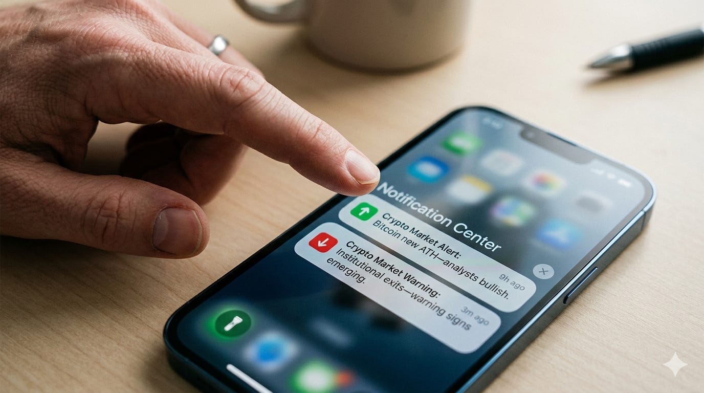 A phone on a desk shows two conflicting financial notifications: one bullish on Bitcoin, one warning of institutional exits. A hand hovers between them, frozen, unable to choose which to trust when borrowed convictions conflict.