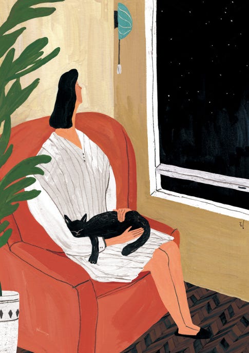 A person sitting with a cat in their lap gazing into a window with a starry sky A person sitting with a cat in their lap gazing into a window with a starry sky