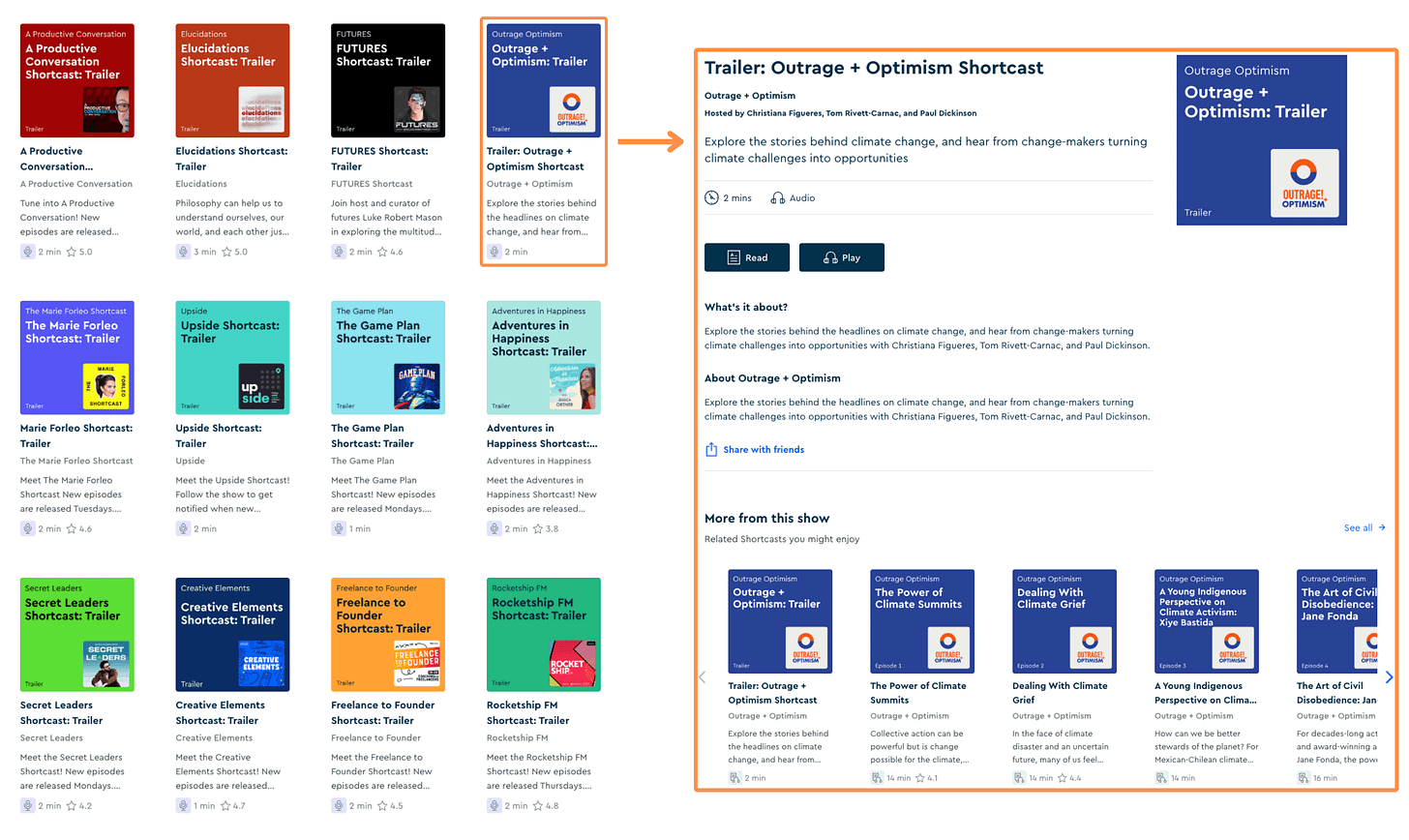 Blinkist’s Shortcasts (desktop view + light mode)