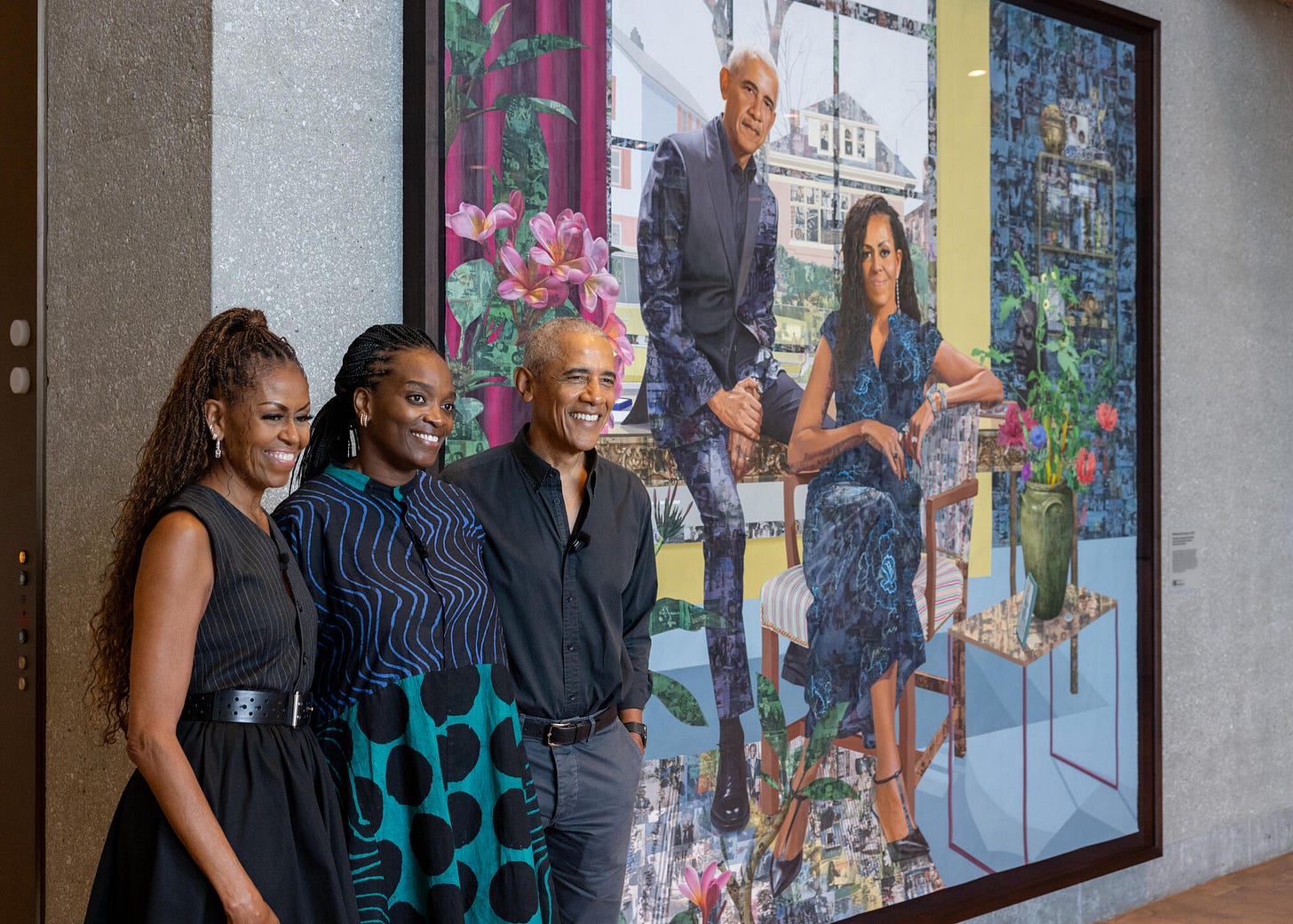 Barack and Michelle Obama stand with artist Njideka Akunyili Crosby in front of a large framed portrait showing the Obamas seated in a layered interior scene with a window, flowers, plants, and family imagery. Barack and Michelle Obama stand with artist Njideka Akunyili Crosby in front of a large framed portrait showing the Obamas seated in a layered interior scene with a window, flowers, plants, and family imagery.