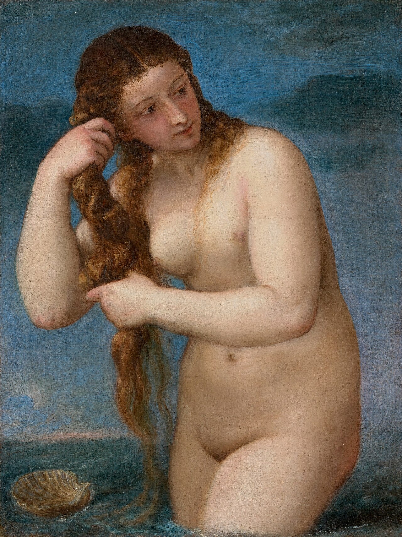 Titian's Venus Anadyomene, the goddess rising from the sea and wringing her hair Titian's Venus Anadyomene, the goddess rising from the sea and wringing her hair