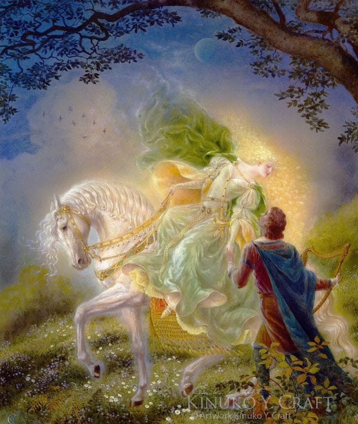 This may contain: a painting of a woman riding on the back of a white horse next to a man