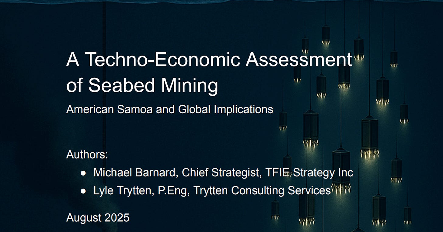 Cover of seabed mining technoeconomic assessment by Lyle Trytten and Michael Barnard.