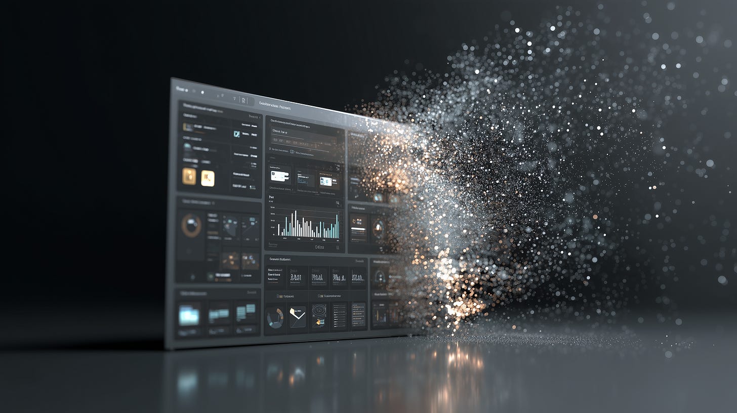 Enterprise software dashboard dissolving into particles against a dark background.