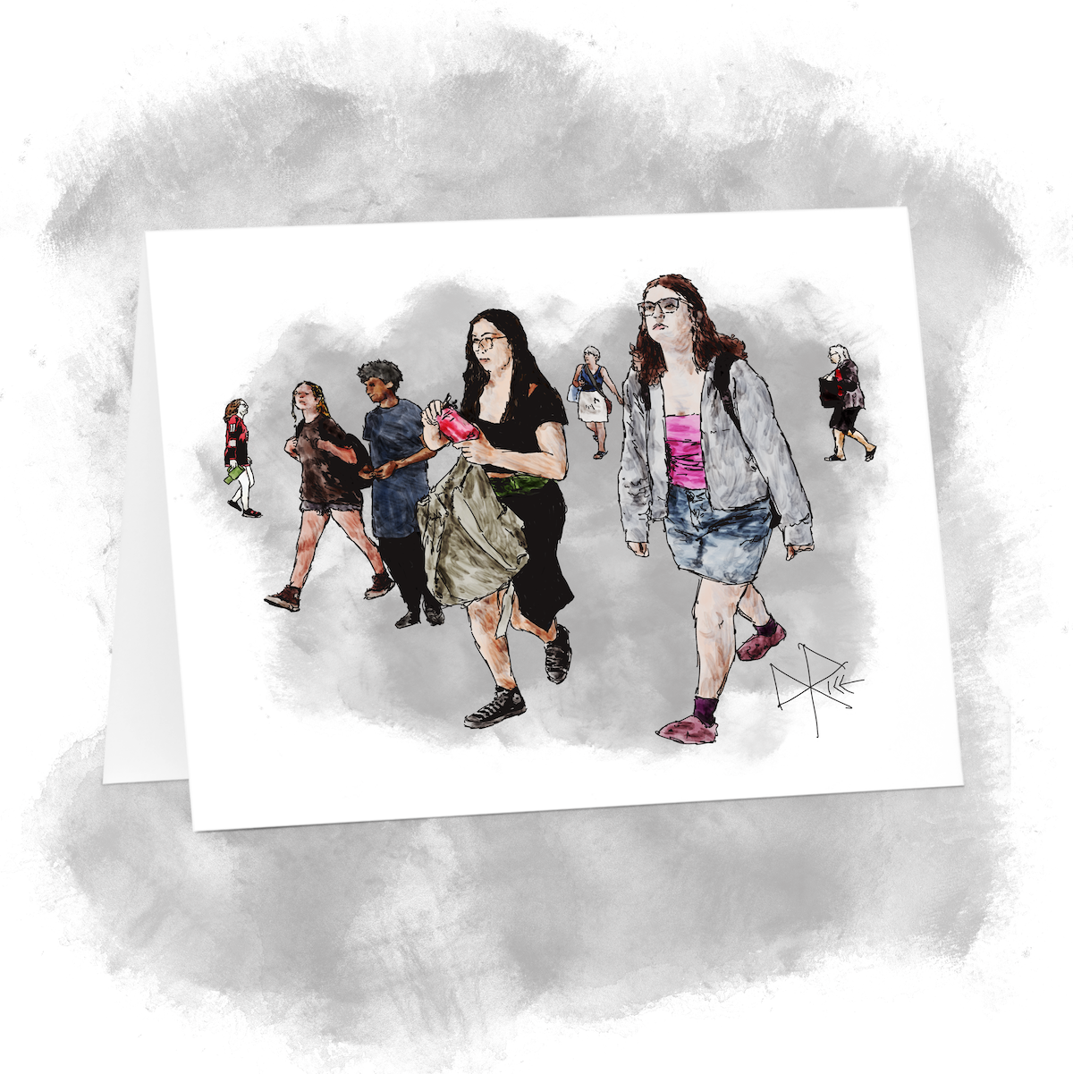 Seven people out walking, each on their own adventure as their lives nearly intersect. Sketch art by Don Rice. Seven people out walking, each on their own adventure as their lives nearly intersect. Sketch art by Don Rice.
