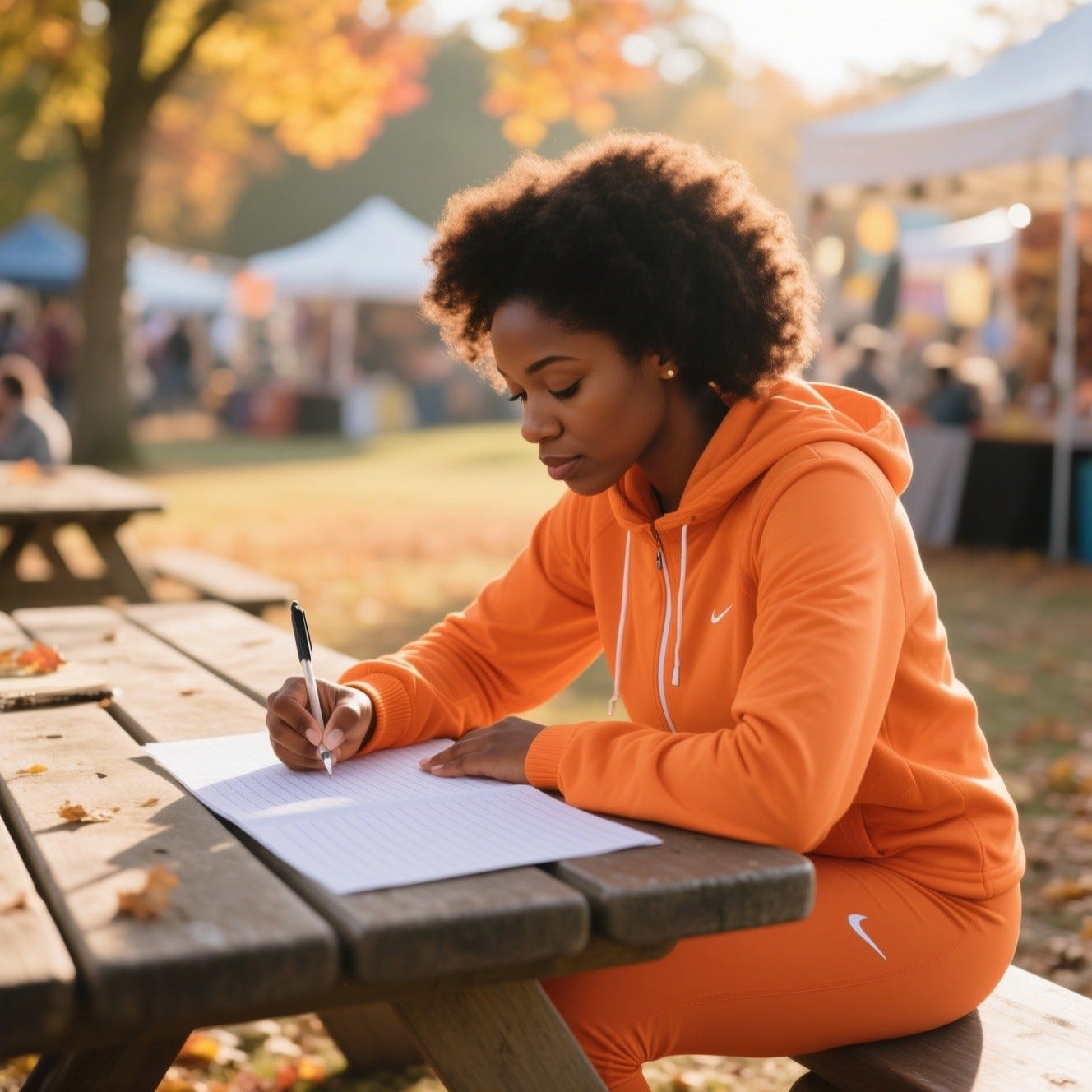 Black woman in orange warm sport attire, in a seated under warm morning sun,  at a picnic table, at a festival, her hand poised over lined paper as she looks down while she is writing, background outside delicate fall details, soft bokeh in the background, 8k sharpness Black woman in orange warm sport attire, in a seated under warm morning sun,  at a picnic table, at a festival, her hand poised over lined paper as she looks down while she is writing, background outside delicate fall details, soft bokeh in the background, 8k sharpness