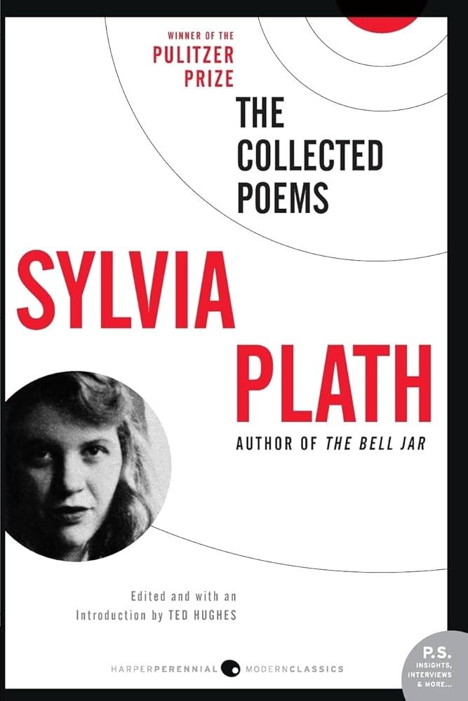 cover of collecte poems of Sylvia Plath; edited by Ted Hughes; white cover with concentris circles; there's a circular inset of Plath's face; she is young and wearing her hair long cover of collecte poems of Sylvia Plath; edited by Ted Hughes; white cover with concentris circles; there's a circular inset of Plath's face; she is young and wearing her hair long