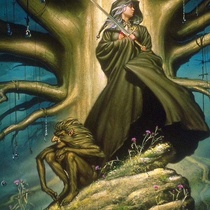 LEFT: Detail from THE TREE OF SWORDS AND JEWELS featuring an olive cloaked figure with white hair standing in profile against a golden tree of wide girth. On the rock to her left sits a shaggy brown creature of fae. On the right, beyond the swords and jewels dangling from the tree, a silhouette with glowing eyes and wild hair approaches. RIGHT: Close detail from THE TREE OF SWORDS AND JEWELS featuring the gruagach, a shaggy brown creature of fae. He sits on a rock with its large wedge of a nose pointing off panel left and a mischievous expression lost in thoughts that please it. A pointed ear pokes out of its fur. It’s limbs are slender and long, also hairy. With legs drawn close, it rests a wrist on one knee while the other arm drops over the other knee, knuckle dragging near its feet.