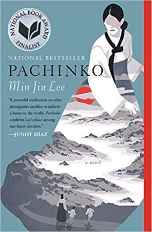 The cover of Pachinko features a traditional, serene aesthetic with a central illustration of a woman dressed in a hanbok, standing gracefully against a soft, textured background. The image is surrounded by intricate patterns or floral motifs, reflecting the historical and cultural depth of the novel. The title, Pachinko, is written in bold letters across the middle, with the author’s name, Min Jin Lee, appearing below.  Her clothes extends to form a geographical area at the end of which is the tiny image of the woman with two little boys.