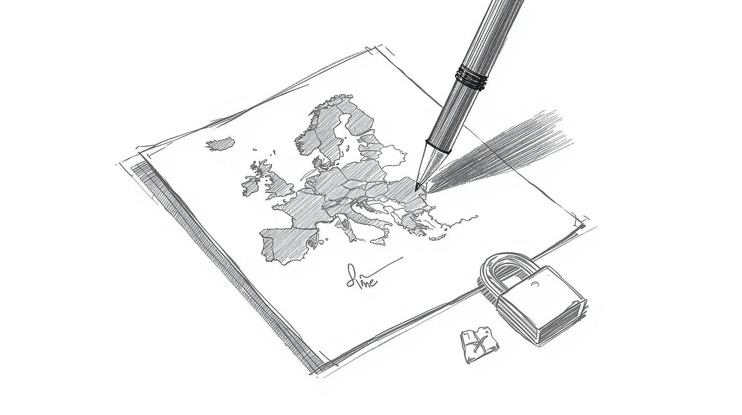 Contract casting a shadow shaped like a European map with a hesitating pen above the signature line