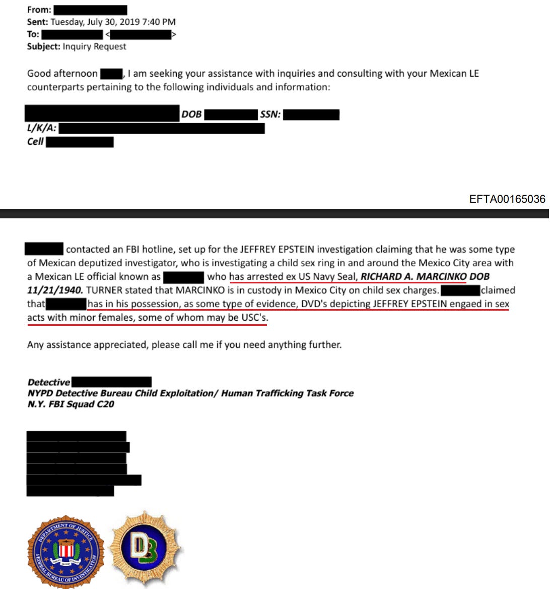 Email correspondence regarding an investigation into a child sex ring in Mexico City linked to Jeffrey Epstein and an arrested ex-Navy Seal, Richard A. Marcinko.