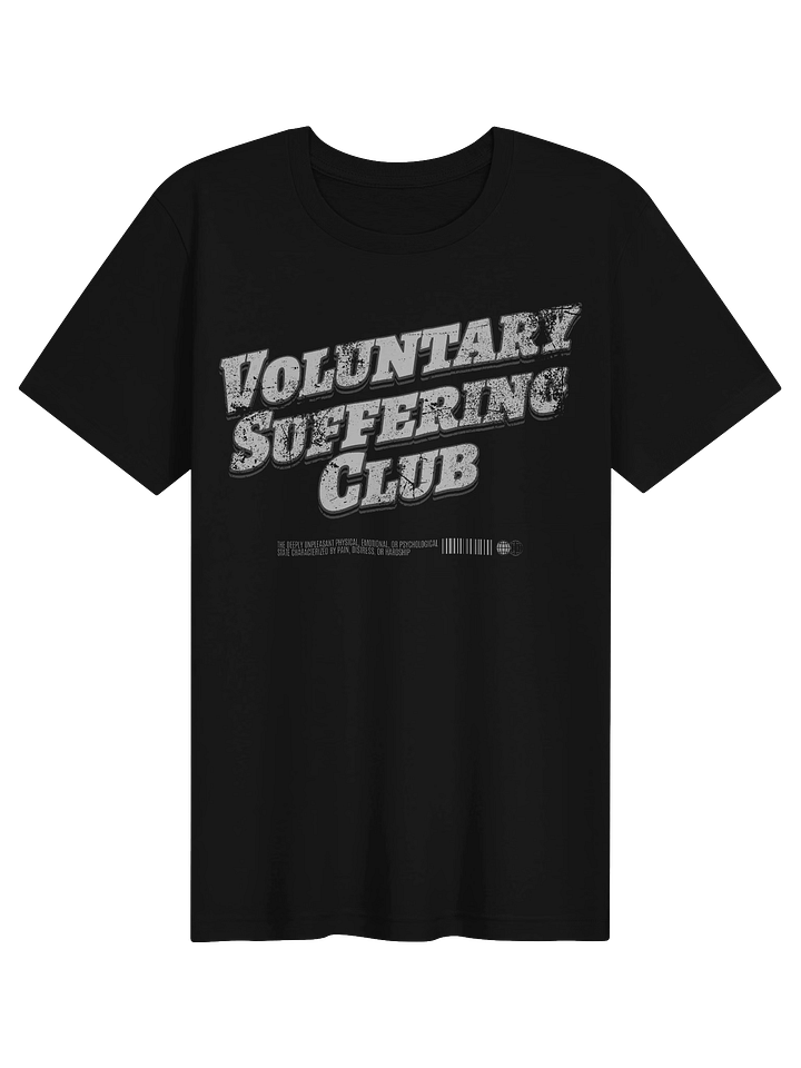 For those who willingly enter the pain cave, question their life choices halfway through, and then come back for more tomorrow!  The Voluntary Suffering Club tee features a bold vintage-style graphic with oversized varsity lettering, heavy shadowing, and a gritty definition detail underneath: “The deeply unpleasant physical, emotional, or psychological state characterized by pain, distress, or hardship.” Basically, cycling, gym work, intervals, race day, and adulthood neatly summarized on a shirt. Humanity really did invent hobbies that feel like punishment, then branded them as “discipline.” Stunning work.  Printed on a soft, lightweight fabric with a classic unisex fit, this shirt is made for training days, recovery days, coffee runs, Zwift caves, gym sessions, or quietly judging people who say “I don’t do cardio.”