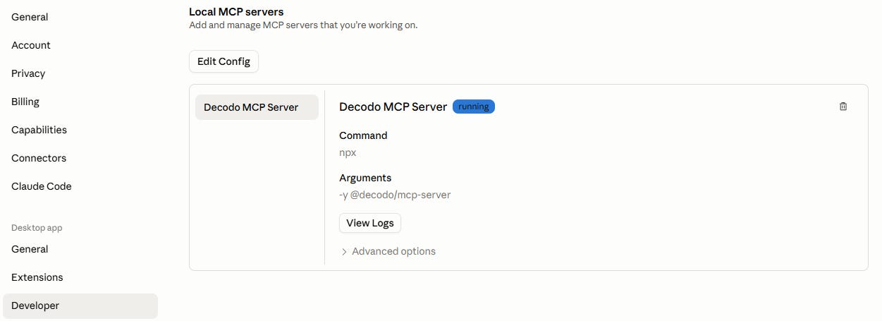 The Decodo MCP server is running by Federico Trotta The Decodo MCP server is running by Federico Trotta