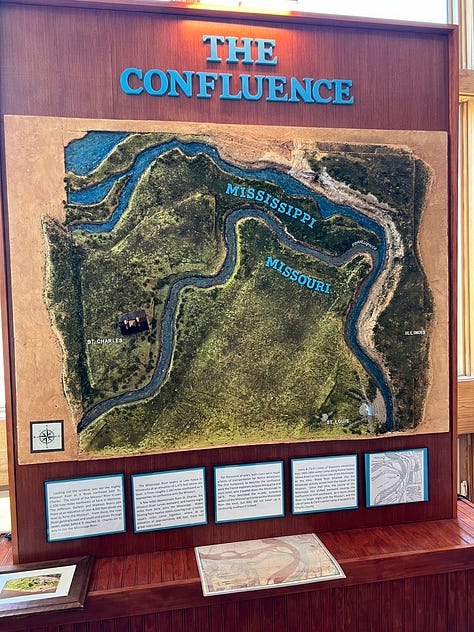 Top right left to bottom right: Fort de Chartres outside of Prairie du Rocher, Illinois; St. Genevieve, Missouri; Confluence of the Mississippi and Missouri Rivers at St. Charles, Missouri; Exhibit on Lewis & Clark's expedition; George Rogers Clark Memorial, Vincennes, Indiana; the largest mound of the Cahokia people outside Collinsville, Illinois