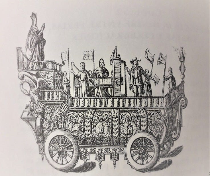 Prensa tipográfica y prensa calcográfica montadas sobre carros, imágenes extraídas de “Solenes fiestas, que celebró Valencia, a la Inmaculada Concepción de la Virgen María” (1663), Valencia, Gerónimo Vilagrasa. “Las imprentas nómadas. Artefactos, conspiraciones y propaganda", de Alejandro Corubolo y Maria Giogia Tavoni (Ampersand, 2019).