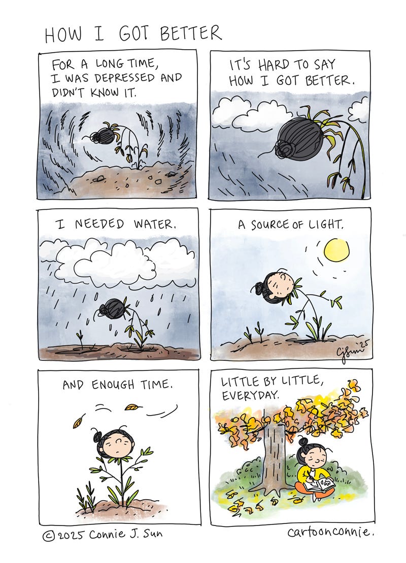 Art description: 6-panel comic strip about recovering from depression over time. The panels illustrate a wilted plant in darkness, getting water and light, little by little, everyday. The last panel, a cartoon girl with a bun sits under a tree with leaves changing colors and she is drawing. Titled "How I Got Better," by Connie Sun, cartoonconnie, 2025. 
