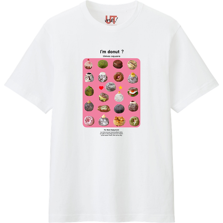 Two white t-shirts, one with doughnuts on it and the other with creatures.