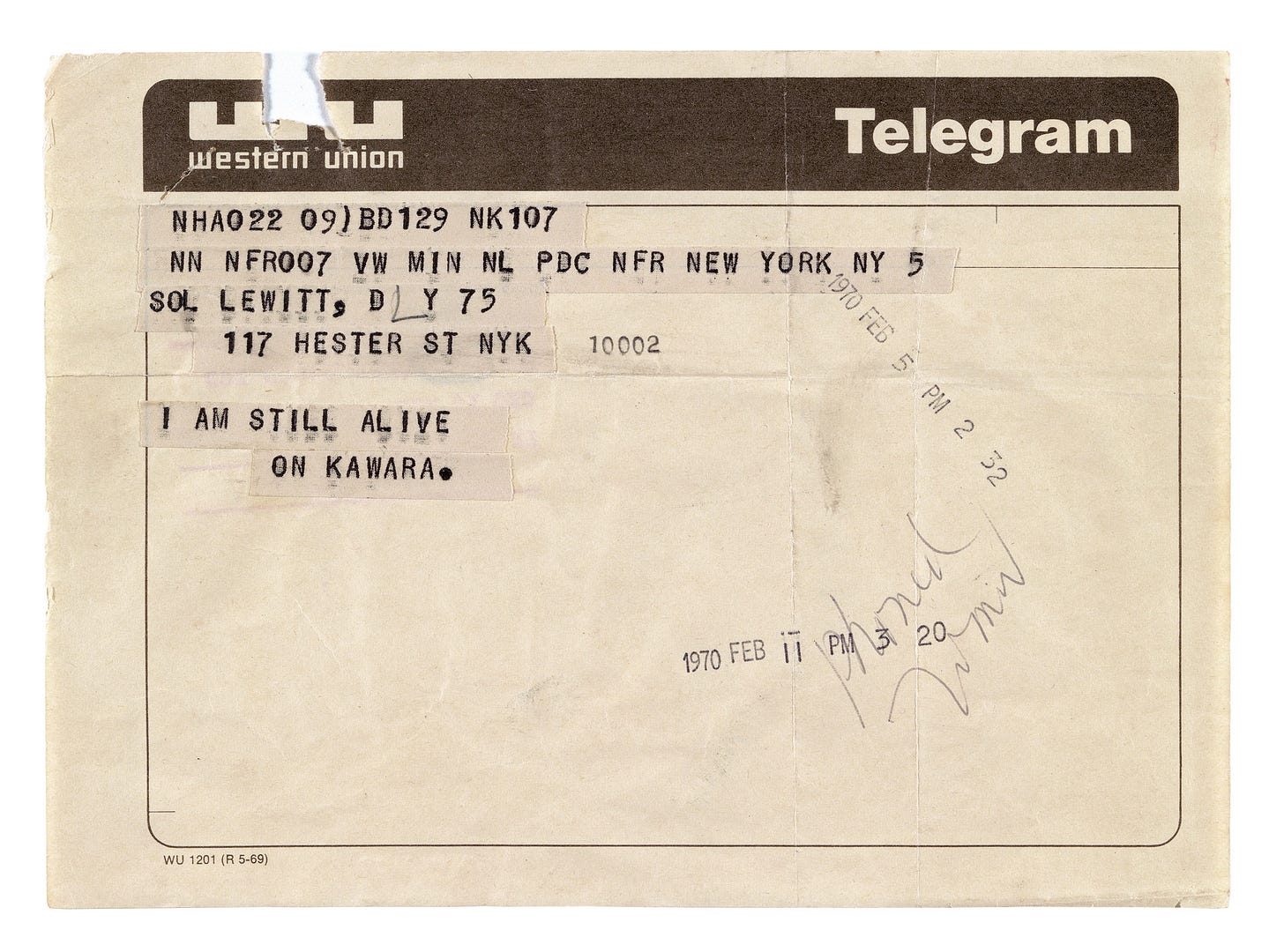 A telegram to Sol LeWitt from On Kawara, dated February 5, 1970.