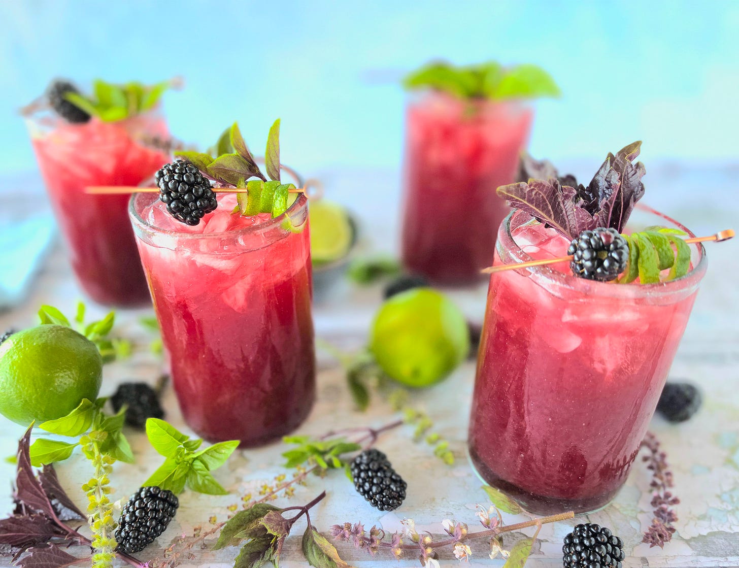 4 blackberry basil lime rickey cocktails / mocktails
