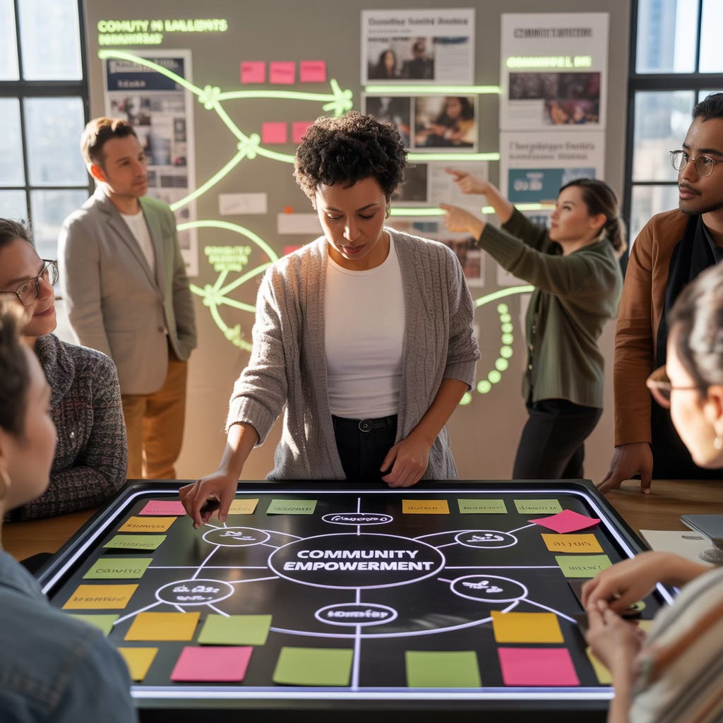 Group of activists workshopping how to tell a story to bring about change. Pictured surrounding board on table with chess like pieces and sticky notes