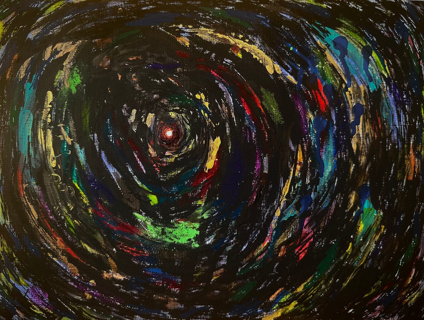 This is a painting of acrylic, watercolor, and oil pastel depicting Xander’s experience of living with a leak cave. There are many colors woven throughout this darkness 