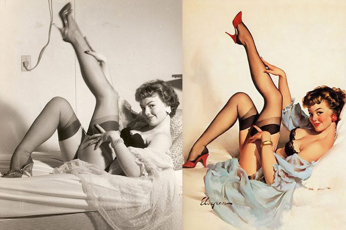 This captivating comparison reveals the stunning transformation from a real model's photograph to one of Gil Elvgren's iconic, vibrant pin-up masterpieces, showcasing his legendary art and bringing fantasy to life 'after the brush.' This captivating comparison reveals the stunning transformation from a real model's photograph to one of Gil Elvgren's iconic, vibrant pin-up masterpieces, showcasing his legendary art and bringing fantasy to life 'after the brush.'
