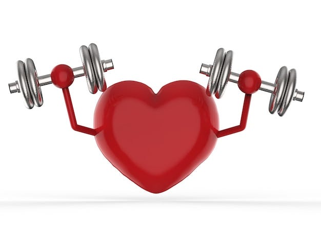3d rendering red heart holding dumbbells on white background