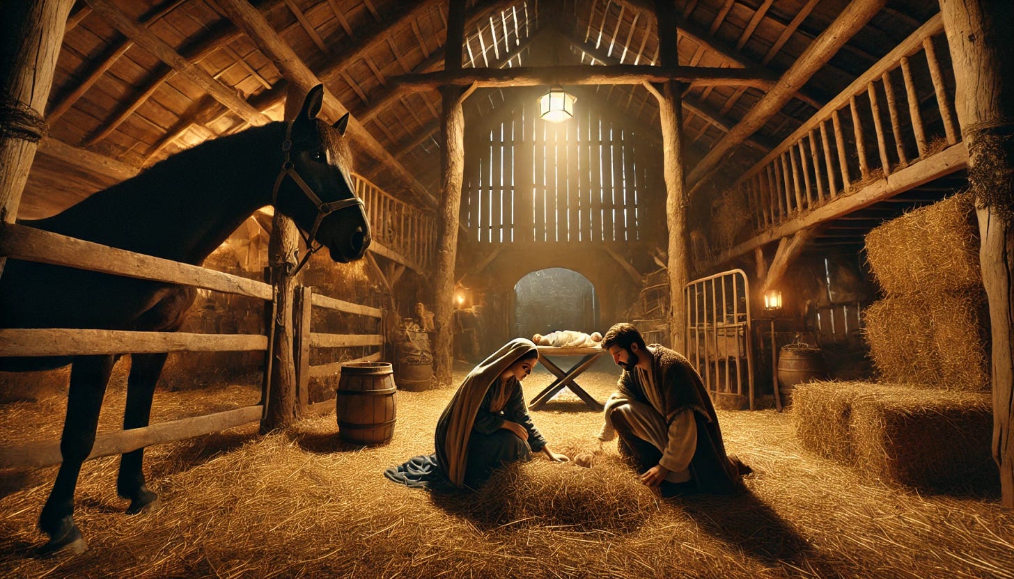 A nativity-inspired scene set inside a rustic barn at night. The barn is dimly lit by soft golden lantern light, revealing a humble interior filled with hay bales and wooden stalls. A mare stretches her neck over a gate, her large, dark eyes watching intently. In the foreground, a young woman, Maria, is gently lowering herself onto a bed of fresh straw, her face showing a mix of pain and fear as her water has just broken. Beside her, a man, Jose, kneels with a protective and determined expression, his hand supporting her shoulder. The atmosphere feels sacred and tender, evoking the essence of a quiet miracle about to unfold.