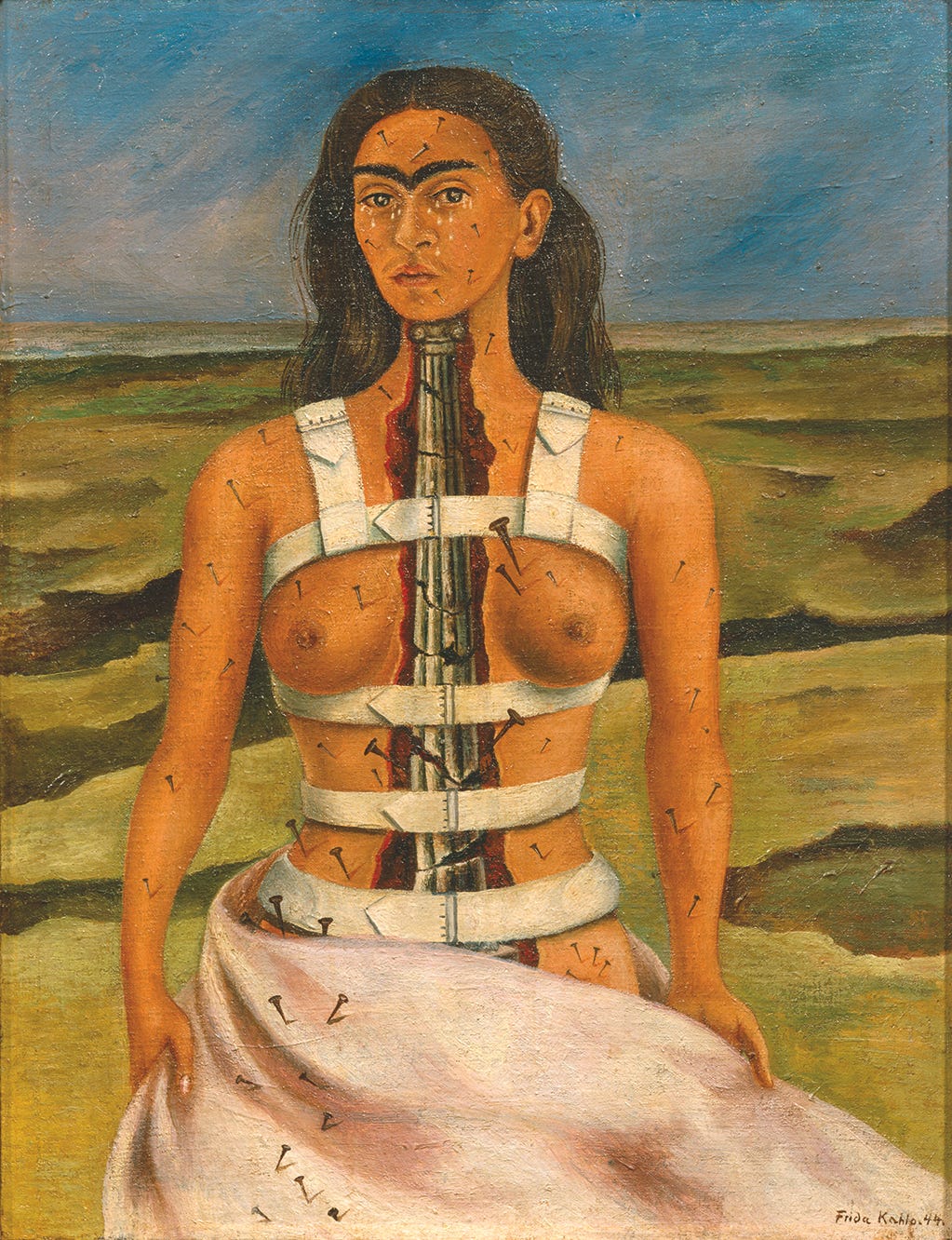 En el cuadro puede verse un autoretrato de Frida Kahlo llena de clavos por todo el cuerpo, una especie de corsé blanco y su torso abierto dejando ver la solumna vertebral completamente rota. 