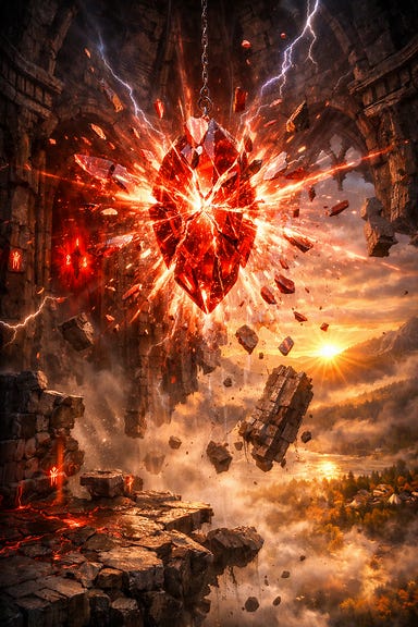 Heart of Sorrows shattering crimson crystal exploding with cracks light storm runes flickering tower trembling gothic fantasy
