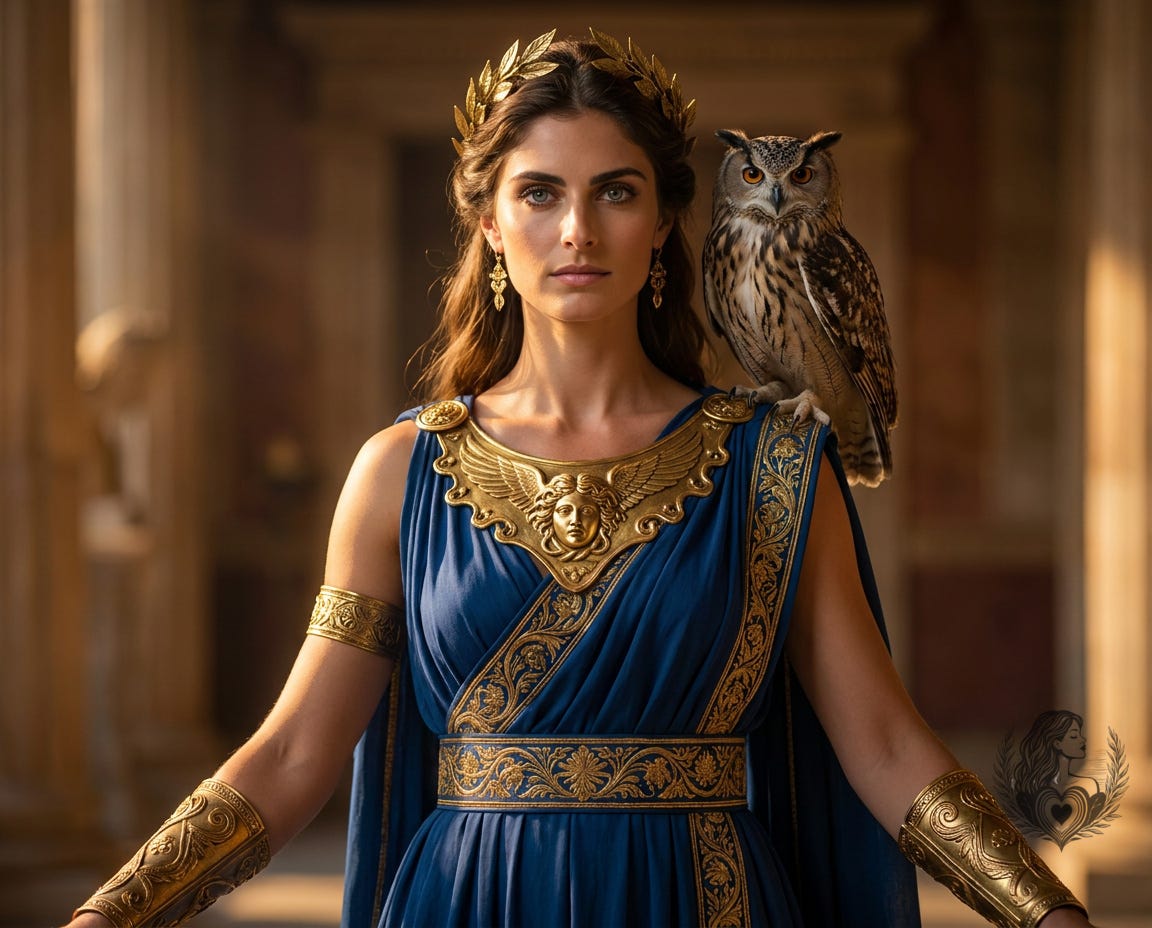goddess Athena, realistic portrait style, strong and clear-eyed, dressed in ancient Greek-inspired attire, soft gold and deep blue tones, an owl perched nearby goddess Athena, realistic portrait style, strong and clear-eyed, dressed in ancient Greek-inspired attire, soft gold and deep blue tones, an owl perched nearby