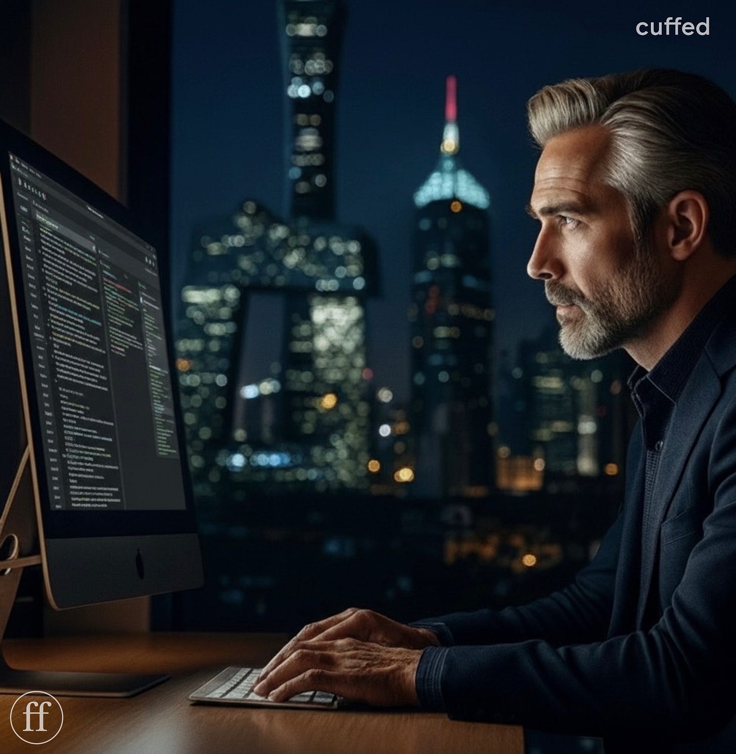 cover image alt text: author sitting in his minimalist office at night, lit only by the soft glow of an imac screen. the mood is cinematic and introspective—he’s realizing the machine flinched at intimacy because it inherited human bias. seo: ai bias, ai censorship, intimacy vs sex, cuffed musing 44.  中文说明：男子在夜晚的办公室里沉思，电脑光映在脸上，象征人工智能继承了人类的脆弱与恐惧。
