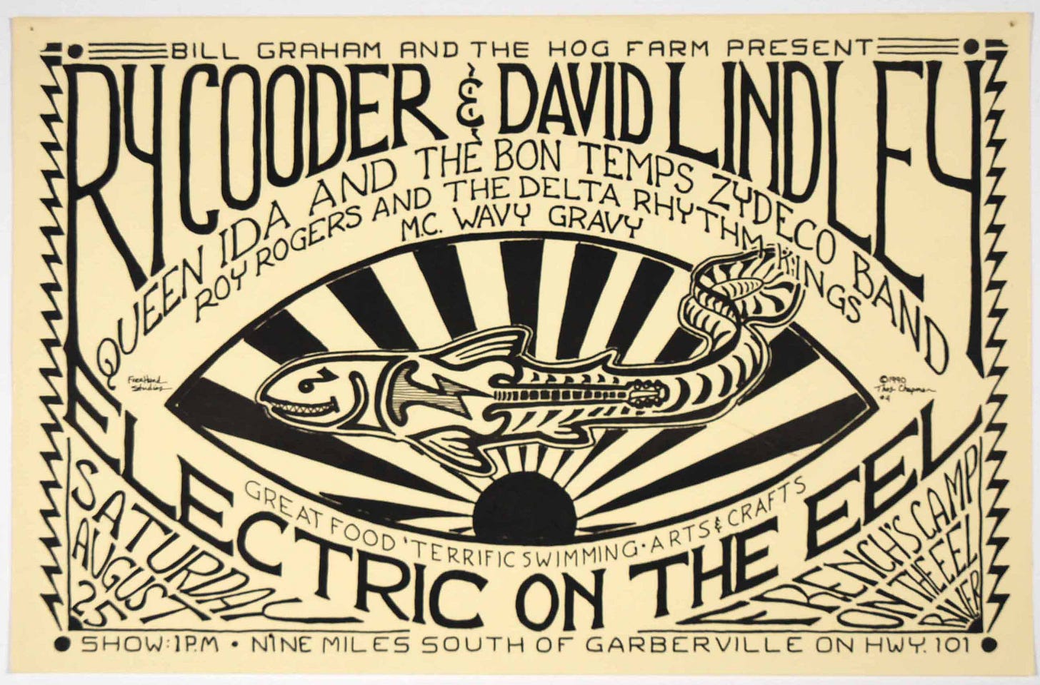 1990–Electric on the Eel-French's Camp-Ry Cooder & David Lindley Concert  Poster-FIRST PAE APPEARANCE! PAE Graded Near Mint “85”