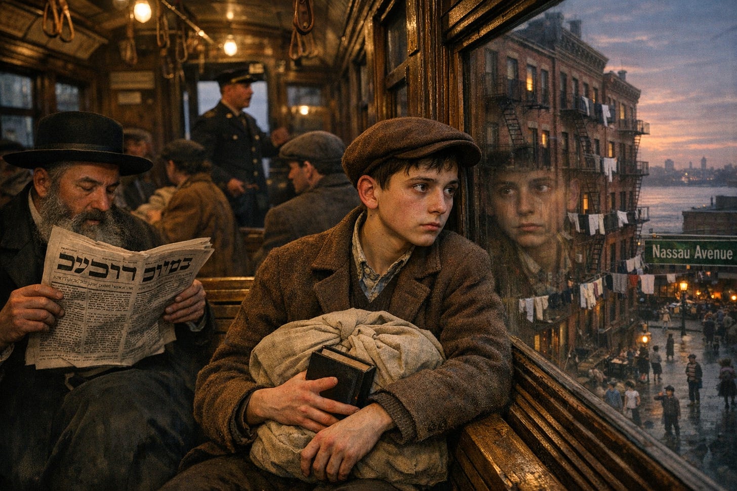 Image Prompt: Hyperrealistic color photograph in 16x9 landscape format, interior observer perspective inside elevated train car at dusk new york 1905, 16yearold Polish boy sitting on worn wooden bench in right foreground near window, brown wool jacket, brown cloth cap, short dark hair, pale gaunt exhausted face reflected in window glass showing hollow cheeks and brown eyes with mixed fear and hope, clutching beige cloth bundle on lap and black prayer book in right hand, looking out window at passing Brooklyn tenement buildings red brick facades with black iron fire escapes zigzagging down, white and colored laundry hanging on lines between buildings, children visible in street below, window reflection showing his face superimposed over street scene, other passengers filling train car bearded Jewish man in black coat reading Yiddish newspaper with Hebrew text visible, woman in brown coat with shopping bundle, men in gray and brown caps, overhead hanging leather straps swaying, wooden interior with brass fixtures and fittings, conductor in navy uniform with brass buttons visible in background calling out stop, view through windows showing East River in distance with dark bluegray water, gathering dusk light with orangepink sky, gas lamps beginning to light in windows, street sign visible through window reading “Nassau Avenue” in white letters on green background, authentic 1907 elevated train interior details, natural color palette of browns, grays, blues, blacks, warm oranges and pinks from sunset, sense of journey’s end and new beginning, photorealistic textures of worn wood benches, glass with reflection, newspaper print, brass fixtures, brick and iron architecture visible through windows.png Image Prompt: Hyperrealistic color photograph in 16x9 landscape format, interior observer perspective inside elevated train car at dusk new york 1905, 16yearold Polish boy sitting on worn wooden bench in right foreground near window, brown wool jacket, brown cloth cap, short dark hair, pale gaunt exhausted face reflected in window glass showing hollow cheeks and brown eyes with mixed fear and hope, clutching beige cloth bundle on lap and black prayer book in right hand, looking out window at passing Brooklyn tenement buildings red brick facades with black iron fire escapes zigzagging down, white and colored laundry hanging on lines between buildings, children visible in street below, window reflection showing his face superimposed over street scene, other passengers filling train car bearded Jewish man in black coat reading Yiddish newspaper with Hebrew text visible, woman in brown coat with shopping bundle, men in gray and brown caps, overhead hanging leather straps swaying, wooden interior with brass fixtures and fittings, conductor in navy uniform with brass buttons visible in background calling out stop, view through windows showing East River in distance with dark bluegray water, gathering dusk light with orangepink sky, gas lamps beginning to light in windows, street sign visible through window reading “Nassau Avenue” in white letters on green background, authentic 1907 elevated train interior details, natural color palette of browns, grays, blues, blacks, warm oranges and pinks from sunset, sense of journey’s end and new beginning, photorealistic textures of worn wood benches, glass with reflection, newspaper print, brass fixtures, brick and iron architecture visible through windows.png
