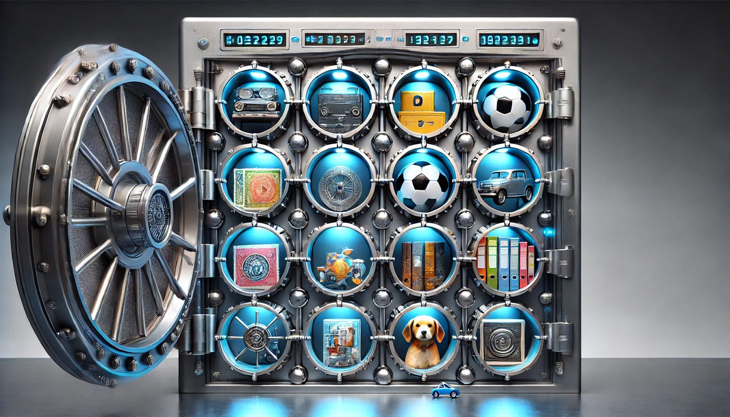 A conceptual digital artwork of a high-security vault with multiple compartments, each representing a data group. Each compartment contains diverse symbolic secrets like a soccer ball, a stamp album, a dog figurine, a toy car, and books. The compartments are color-coded with digital codes on them. The vault is bathed in cool blue and silver lighting, emphasizing security and anonymity. The atmosphere suggests complexity and confidentiality. Created Using: symbolic representation, digital metaphors, futuristic lighting, intricate compartment details, realistic textures, thematic object diversity, sleek metallic design, data visualization aesthetics, hd quality, natural look --ar 16:9