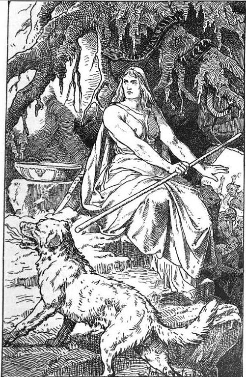 Black and white sketch by Johannes Gehrts, the Norse 'goddess' of the Underworld with her hound at Helheim