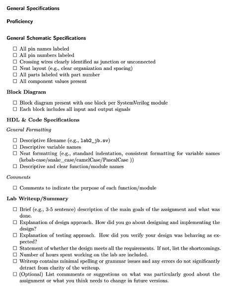 Three lists of specifications, formatted as checklists, including a variety of categories and broken into "Proficiency" vs. "Excellence"