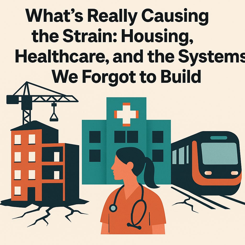 A digital illustration of Canada’s infrastructure strain. It shows a cracked foundation beneath three symbols: a half-built apartment building with a crane, a hospital with a nurse in scrubs, and a subway train. The text reads: “What’s Really Causing the Strain: Housing, Healthcare, and the Systems We Forgot to Build.” A digital illustration of Canada’s infrastructure strain. It shows a cracked foundation beneath three symbols: a half-built apartment building with a crane, a hospital with a nurse in scrubs, and a subway train. The text reads: “What’s Really Causing the Strain: Housing, Healthcare, and the Systems We Forgot to Build.”