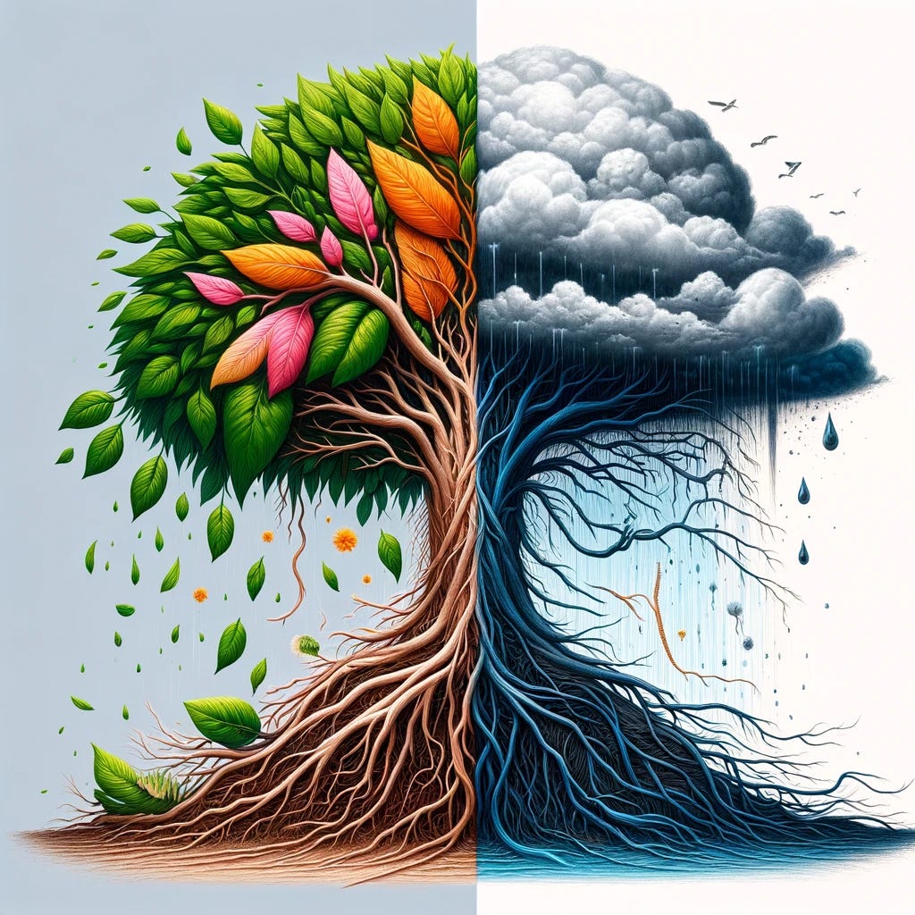 A visual metaphor representing the concept of obesity's impact on hair health, illustrated without direct reference to obesity or hair loss. The image should symbolize the idea of something vital being depleted or damaged due to adverse conditions, perhaps showing a vibrant plant (symbolizing healthy hair follicles) in one part, becoming wilted or losing its leaves (symbolizing hair loss) in another part, due to an unhealthy environment symbolized by storm clouds or polluted air. The contrast between the healthy and unhealthy parts should be stark, emphasizing the negative effects of poor conditions on something once flourishing, all conveyed in a subtle, artistic manner suitable for a general audience.