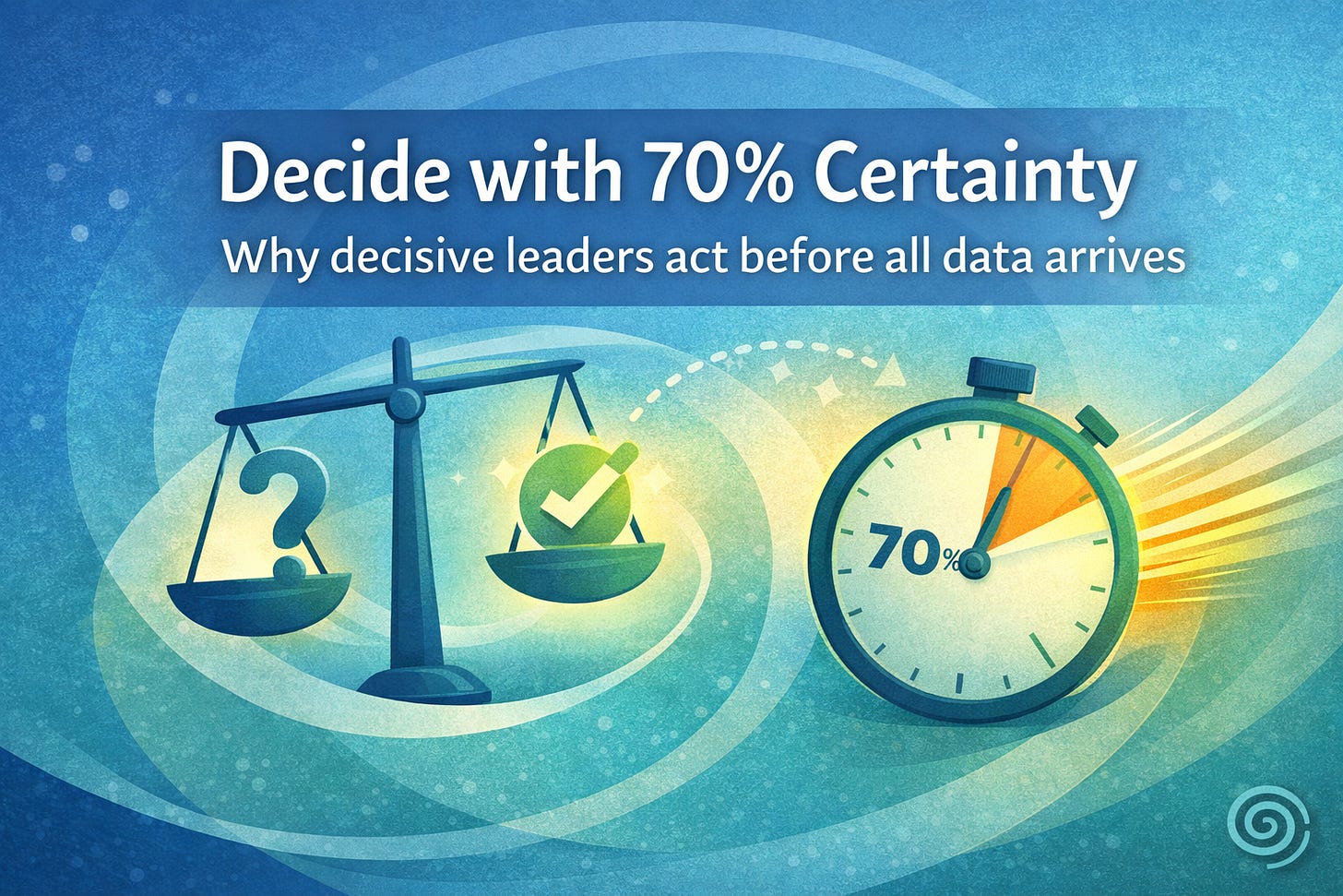 Illustration for the article 'Decide with 70% Certainty' showing a balanced scale with a question mark and check mark, a stopwatch indicating 70%, and a spiral motif representing Growthenticity, symbolising decisive leadership under uncertainty.
