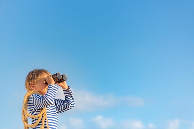 Premium Photo | Happy child looking through vintage binoculars against blue  sky Kid having fun in summer Imagination and freedom concept