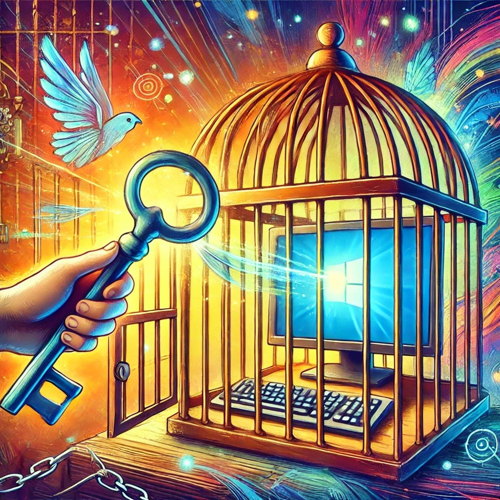 A vibrant and colorful illustration of a computer trapped inside a birdcage. A person is unlocking the cage with a large, ornate key. The scene has a whimsical and slightly surreal feel, with glowing light emanating from the computer screen, symbolizing freedom. The background is artistic and dreamlike, enhancing the sense of liberation.