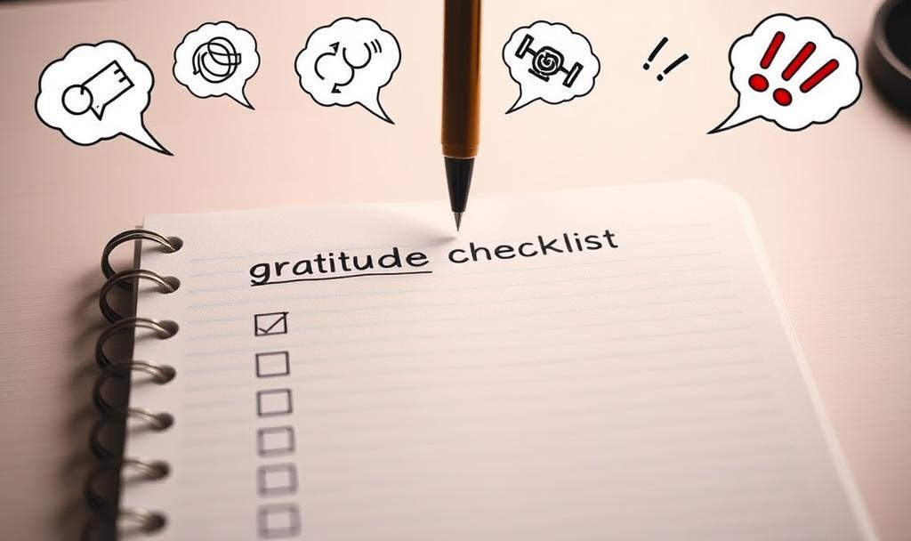 Open notebook with heading “Gratitude Checklist” and empty checkboxes. Pen hovers above page. Thought bubbles with squiggles and spirals suggest pressure and guilt.