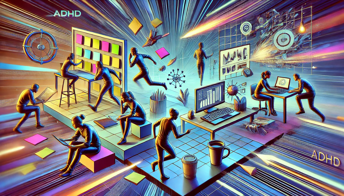 A futuristic, avant-garde rectangular illustration of ADHD entrepreneurs in a high-energy, dynamic workspace. The scene is filled with motion—people brainstorming with vibrant sticky notes, one person pacing while voice-dictating ideas, another hyper-focused on a laptop with multiple monitors. The environment is a blend of modern and slightly surreal elements—floating task lists, digital productivity tools glowing in mid-air, and a coffee cup that refills itself. The color scheme is bold and electric, symbolizing creativity and momentum. The composition is slightly abstract, with exaggerated movement lines and dynamic lighting to capture the energy of ADHD-driven innovation.
