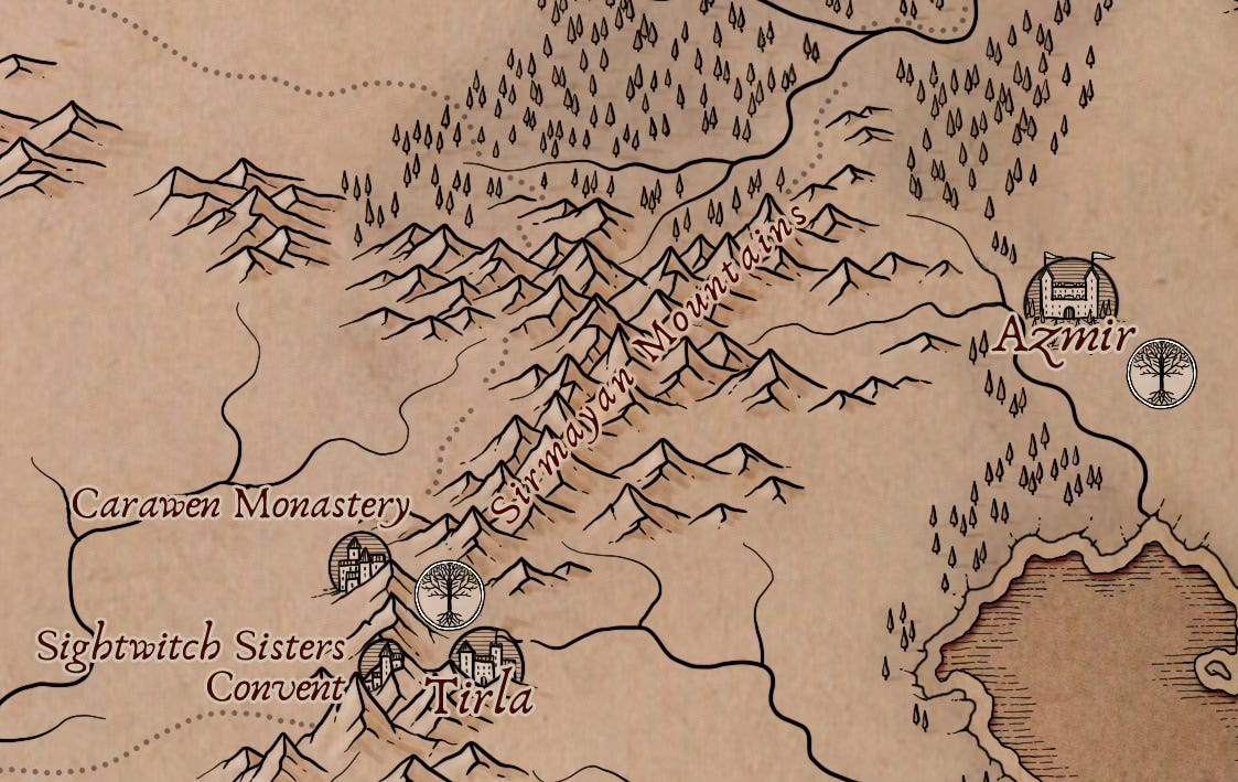 a snippet from the Witchlands map showing Sirmayan mountains and nestled in it, the city of Tiirla where Mathew and Habim (and Eron fon Hasstrel too) first met.